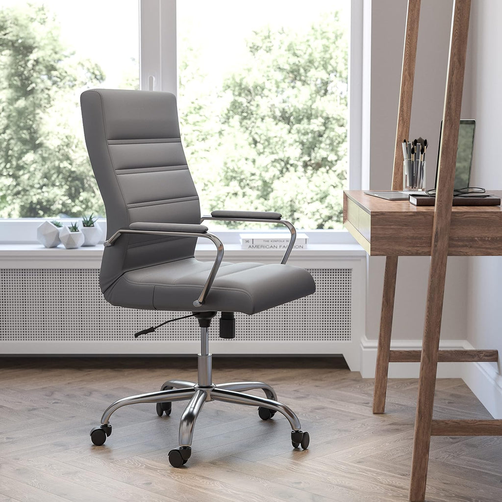 EMMA + OLIVER Faux Leather High-Back Swivel Home Office Desk Chair with Wheels, Padded Seat, and Armrests, Adjustable Height Multipurpose Office Chair, Gray/Chrome