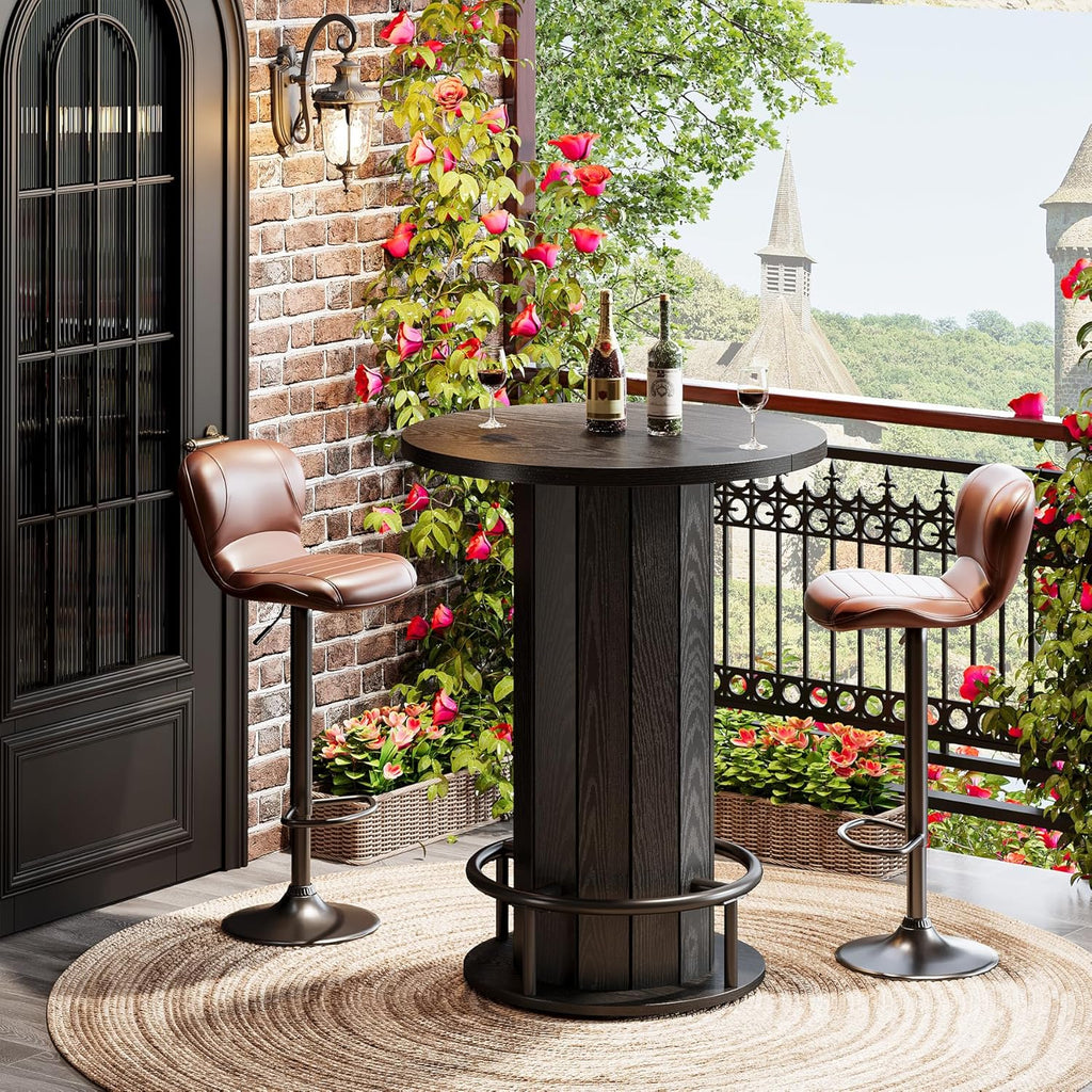 Tribesigns Round Bar Table, 39.4" H Wood Bistro Pub Table with Metal Ring Footrest for Dining Coffee Cocktail Living Room, Small Space, Black (Only Table)