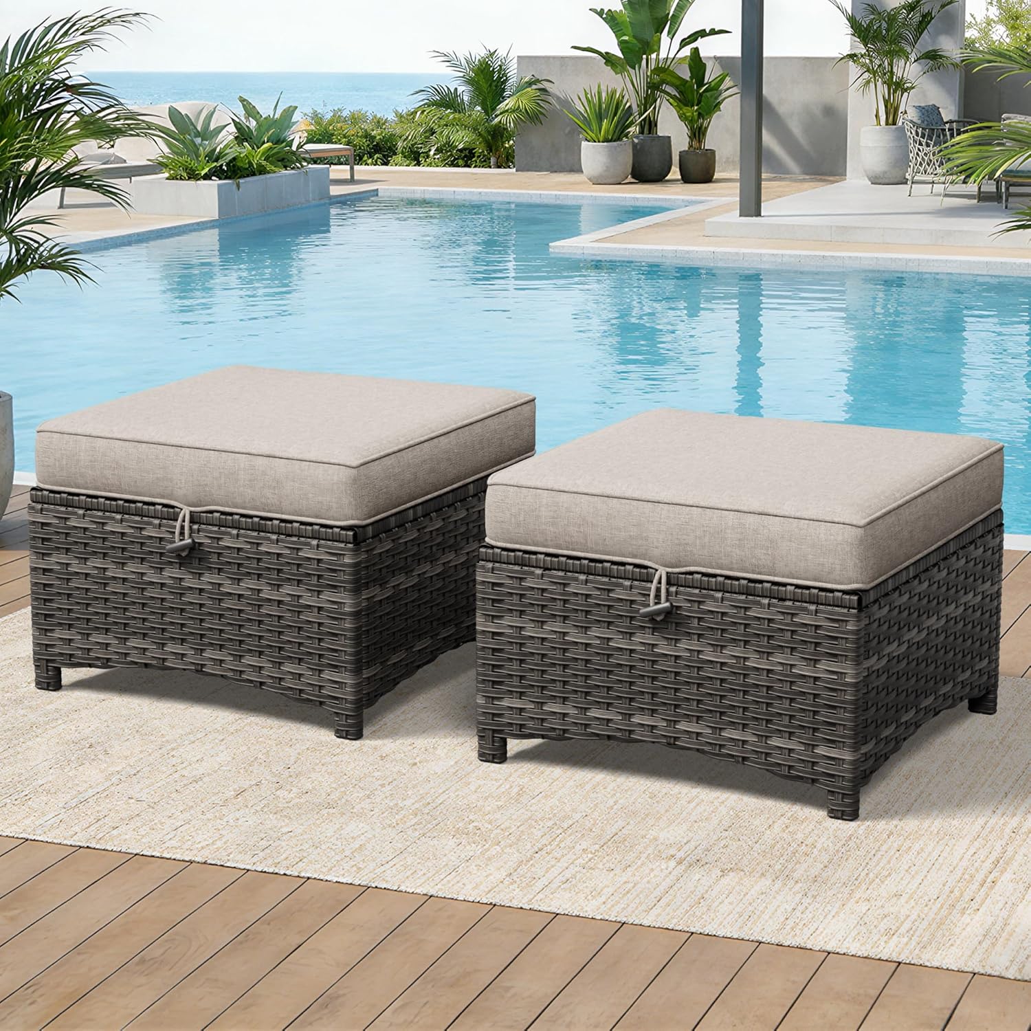 Patio Ottomans Set of 2, 22"x 22"x 18" Outdoor Wicker Footstool with Cushion, Beige, for Garden, Backyard, Deck, Porch, Balcony, Poolside