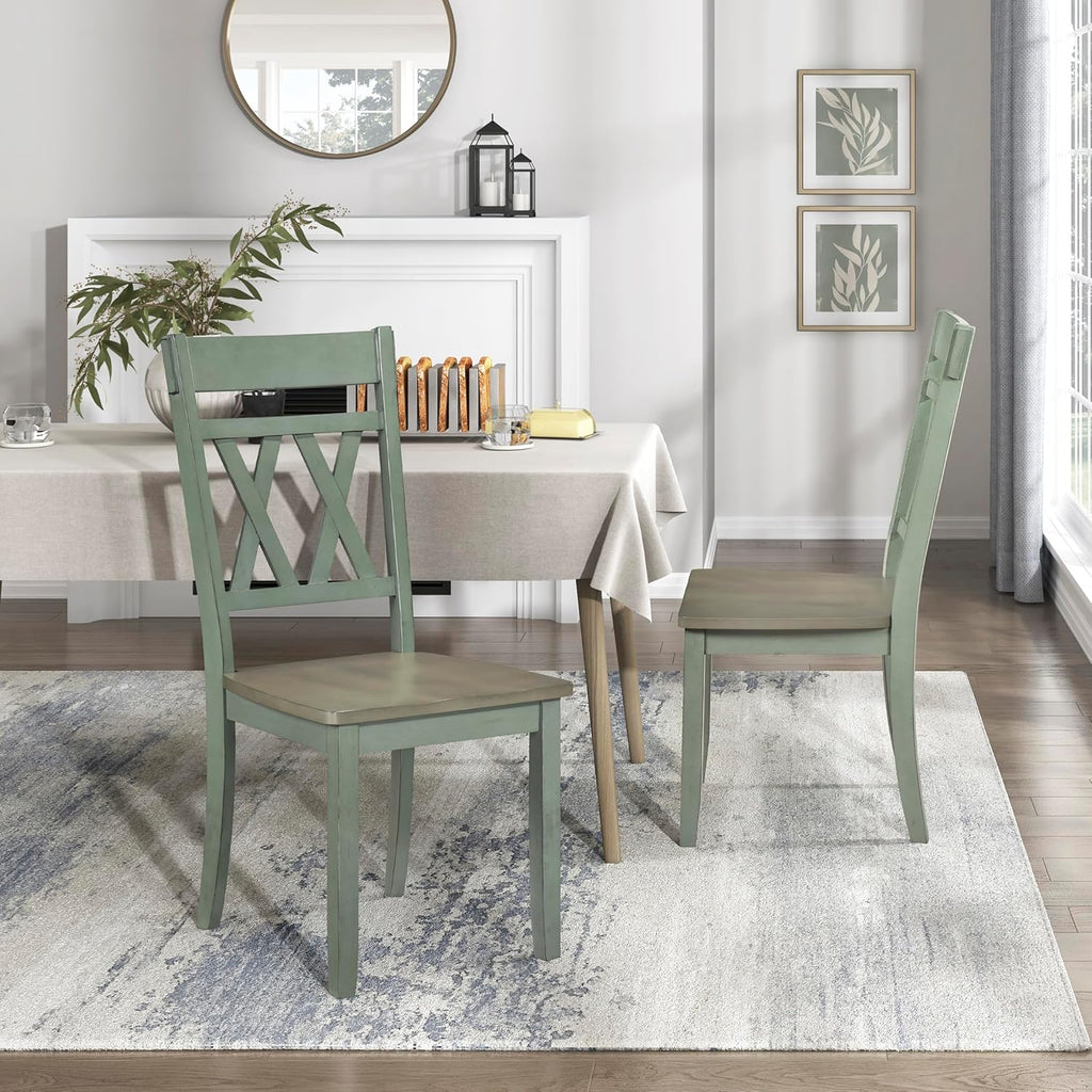 Lexicon Farmhouse Wood Dining Chair, Set of 2, Double Cross Back, Rustic Armless Chairs, Kitchen and Dining Room Furniture, Two-Tone Finish (Greywash and Antique Teal)