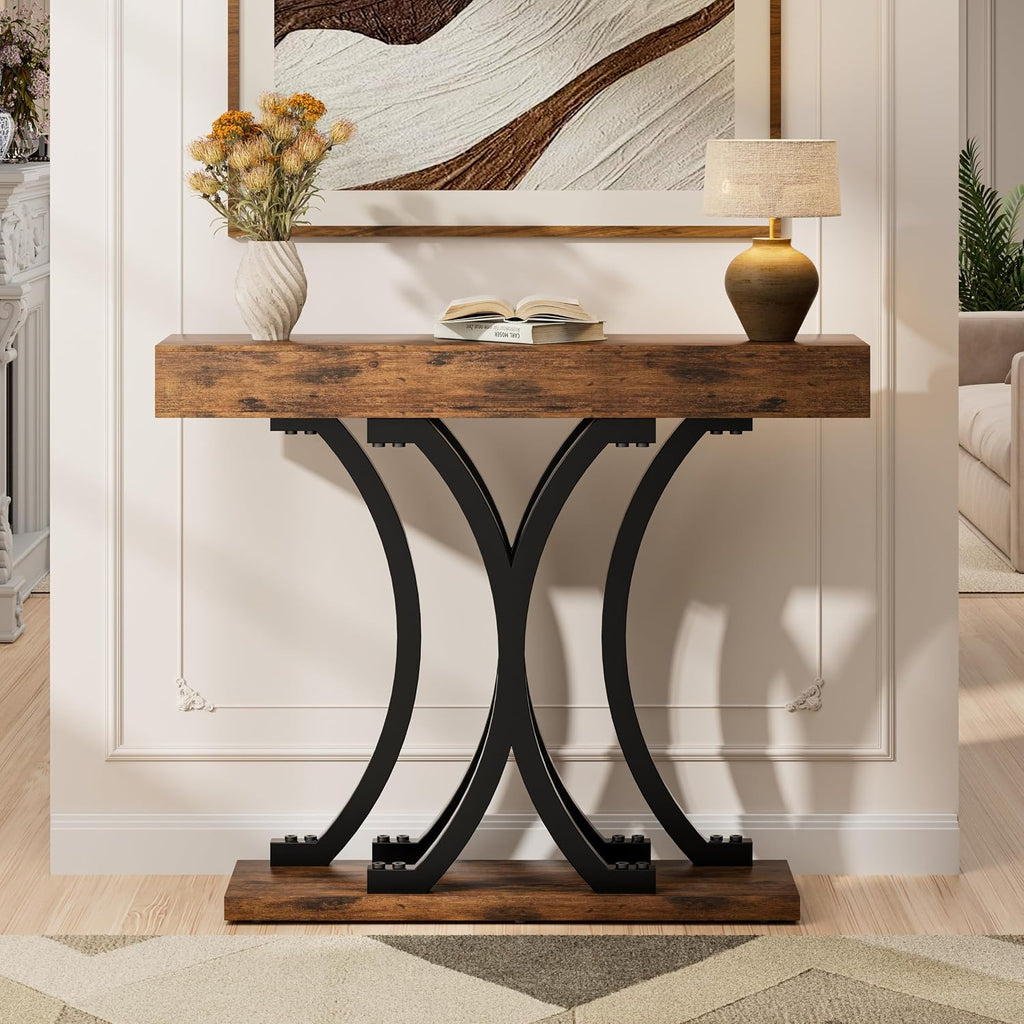 JUSTOGO 43.3" Console Table for Entryway, Industrial Sofa Table Entryway Table, Narrow Wood Accent Tables X-Shaped Metal Hallway Table for Living Room, Small Spaces, Entrance, Foyer, Rustic Brown
