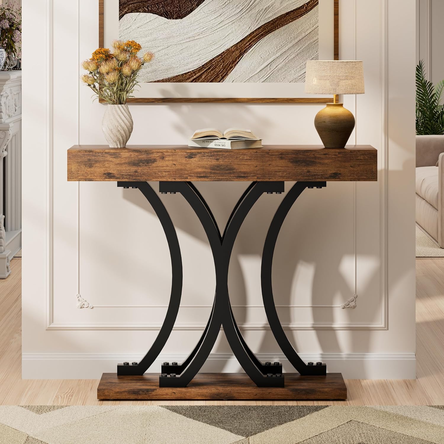 JUSTOGO 43.3" Console Table for Entryway, Industrial Sofa Table Entryway Table, Narrow Wood Accent Tables X-Shaped Metal Hallway Table for Living Room, Small Spaces, Entrance, Foyer, Rustic Brown