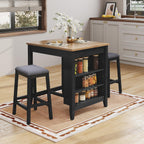 HLR 3-Piece Dining Table Set for 2 Person, Small Farmhouse Kitchen Table with 2 Bar Stools, Wood Dinner Table with Storage Shelves for Dining Room, Apartment, Small Space, Breakfast Nook, Black