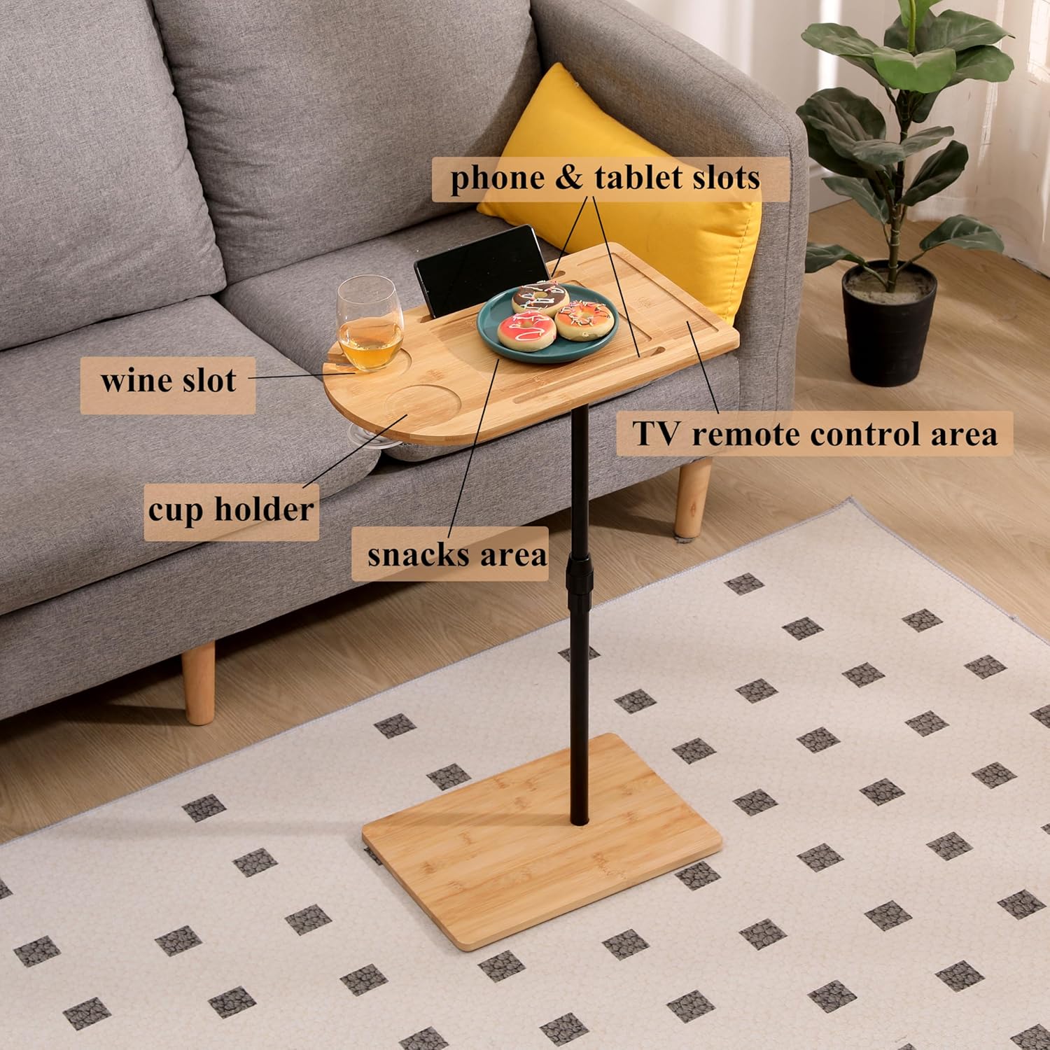 C-Shaped Oval Couch Tray Table， 360°Swivel Wider TV Tray Table Sofa Bamboo Height Adjustable Side Table with Slots for Bed & Chairs in Living Room Bedroom (Oval)