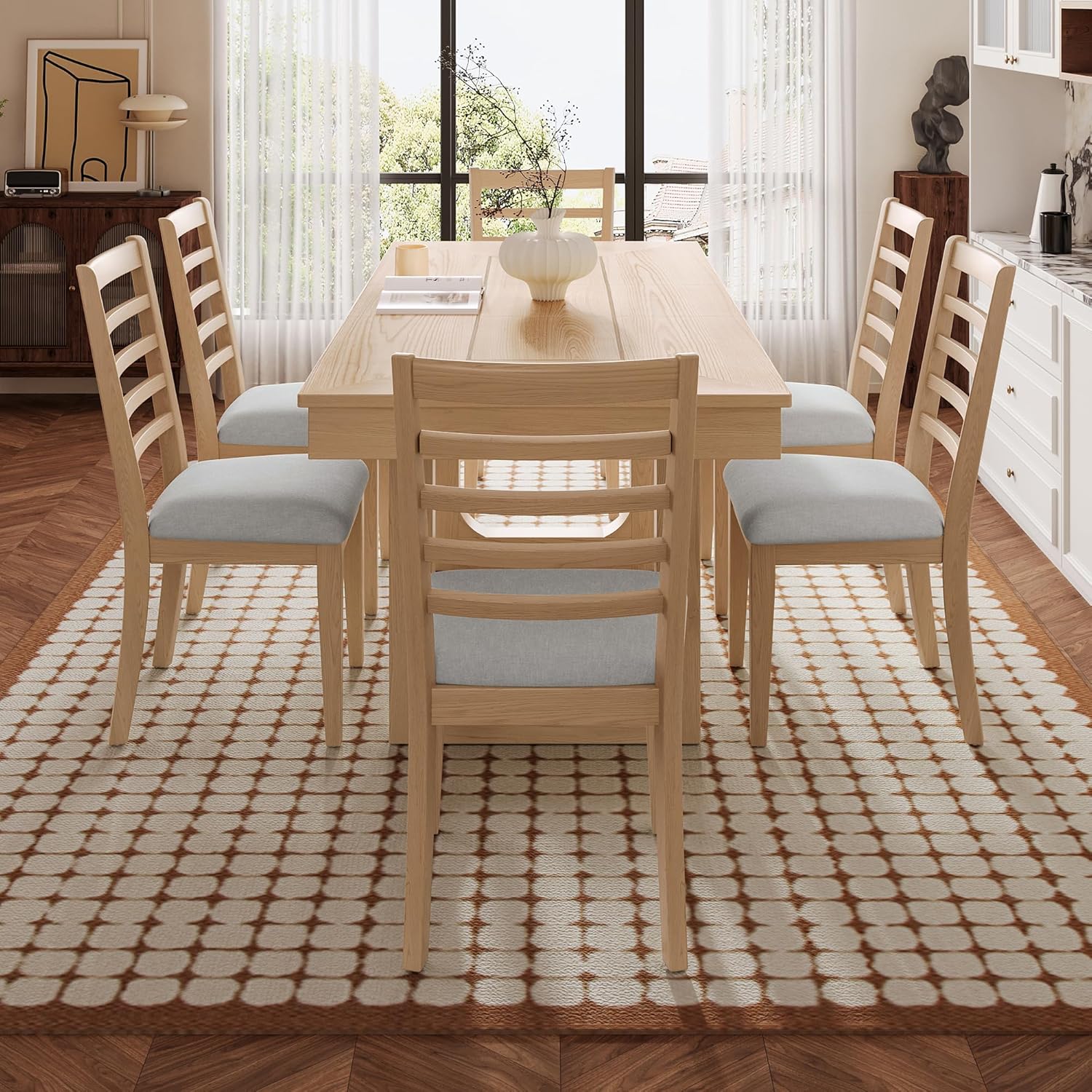 P PURLOVE 7 Piece Extendable Dining Table Set, Wooden Rustic Extendable Table with 18" Move Leaf and 6 piece Upholstered Chairs for Dining Room, Kitchen (Natural)