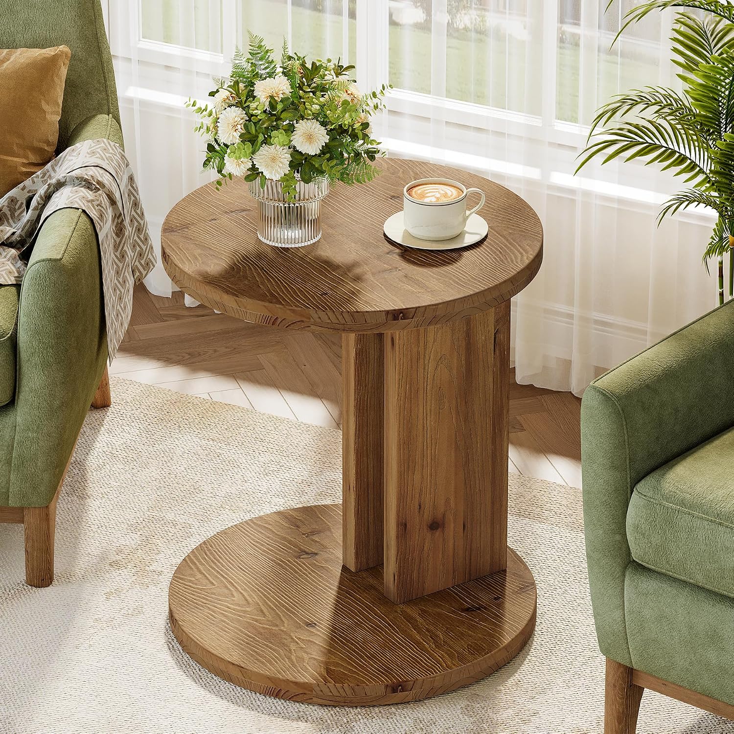Solid Wood End Table, C-Shaped Round Side Table for Sofa and Bedside, Farmhouse Accent Furniture for Living Room, Bedroom, Easy Assembly (1, Brown)