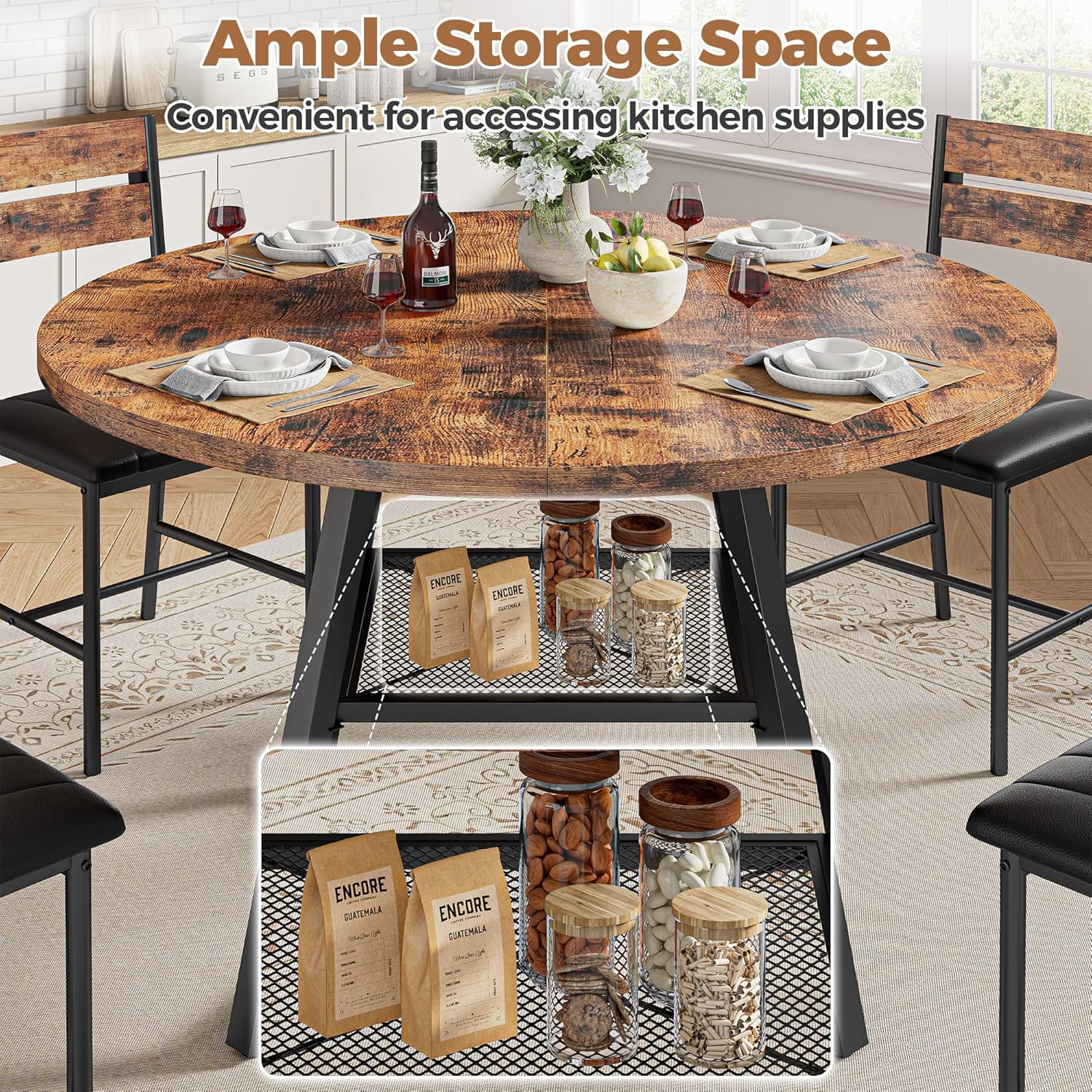 IRONCK Round Dining Table Set for 4, 47.2'' Kitchen Table with 4 PU Leather Upholstered Chairs, Dining Room Table Set with Large Storage Shelf, 5 Piece Kitchen Table and Chairs, Rustic Brown