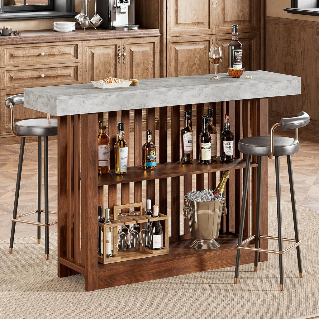 GarveeHome 63" Long Bar Table - Counter Bar Height Pub Table with 2 Tier Storage Shelves, Modern Coffee Breakfast Bar Unit for Dining Room, Bistro, Living Room, Gray + Walnut
