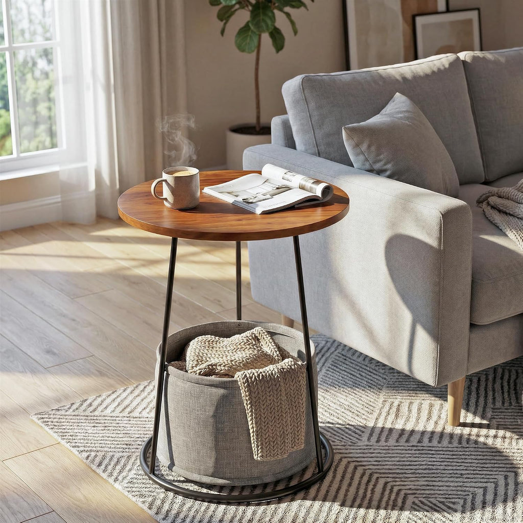 Manora 21.7" Round End Table, Modern Industrial Side Table Nightstand, Small Wood Top Accent Table for Living Room, Couch, Bedroom, Black Metal Legs, Rustic Brown (with a Basket)