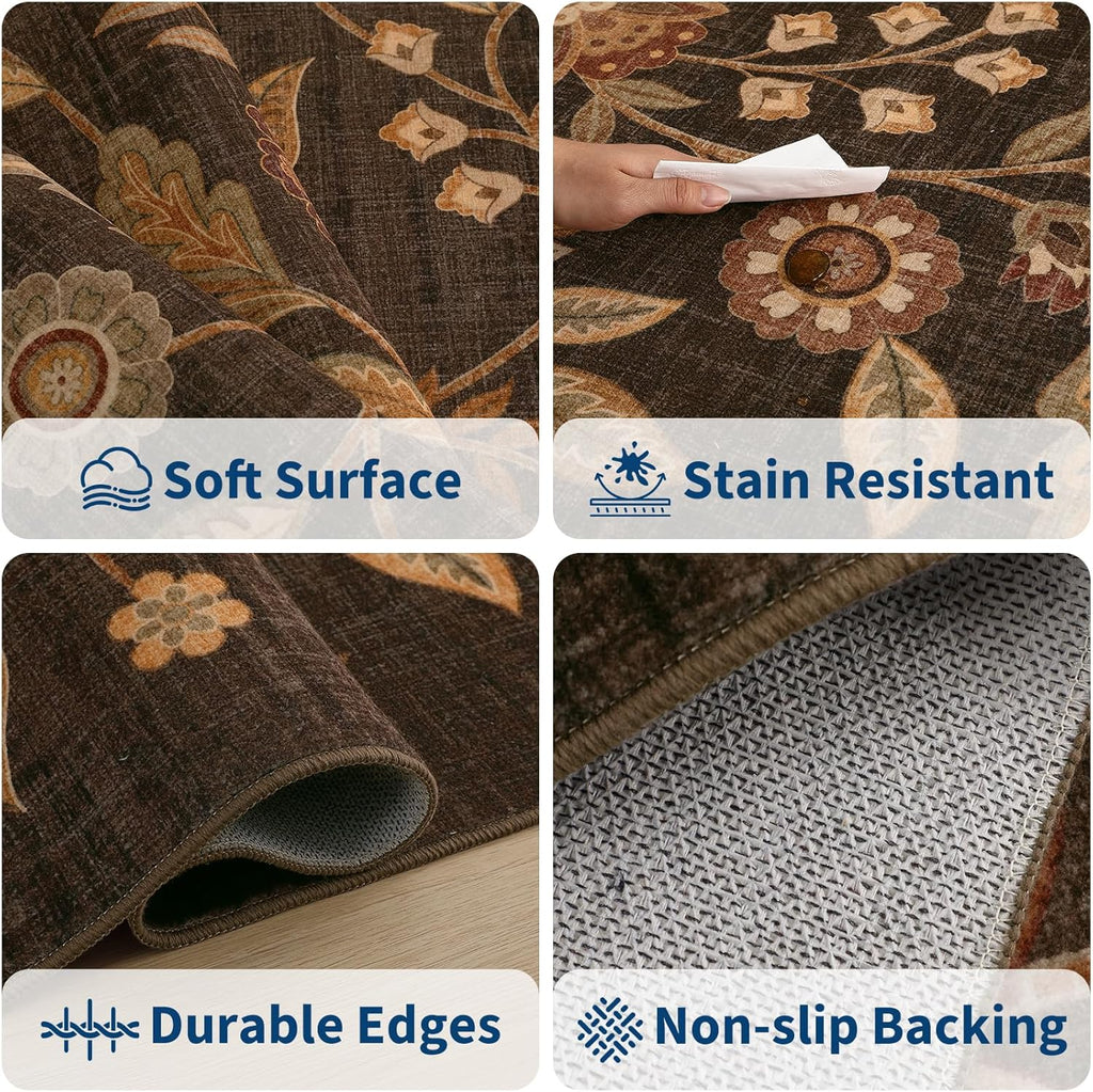 Garvee Washable 5x7 Area Rugs Boho Vintage Floral Botanical Fall Soft Non-Slip Low-Pile Stain Resistant Throw Rugs for Bedroom Living Room Nursery Office Kitchen Room Decor Dark Brown