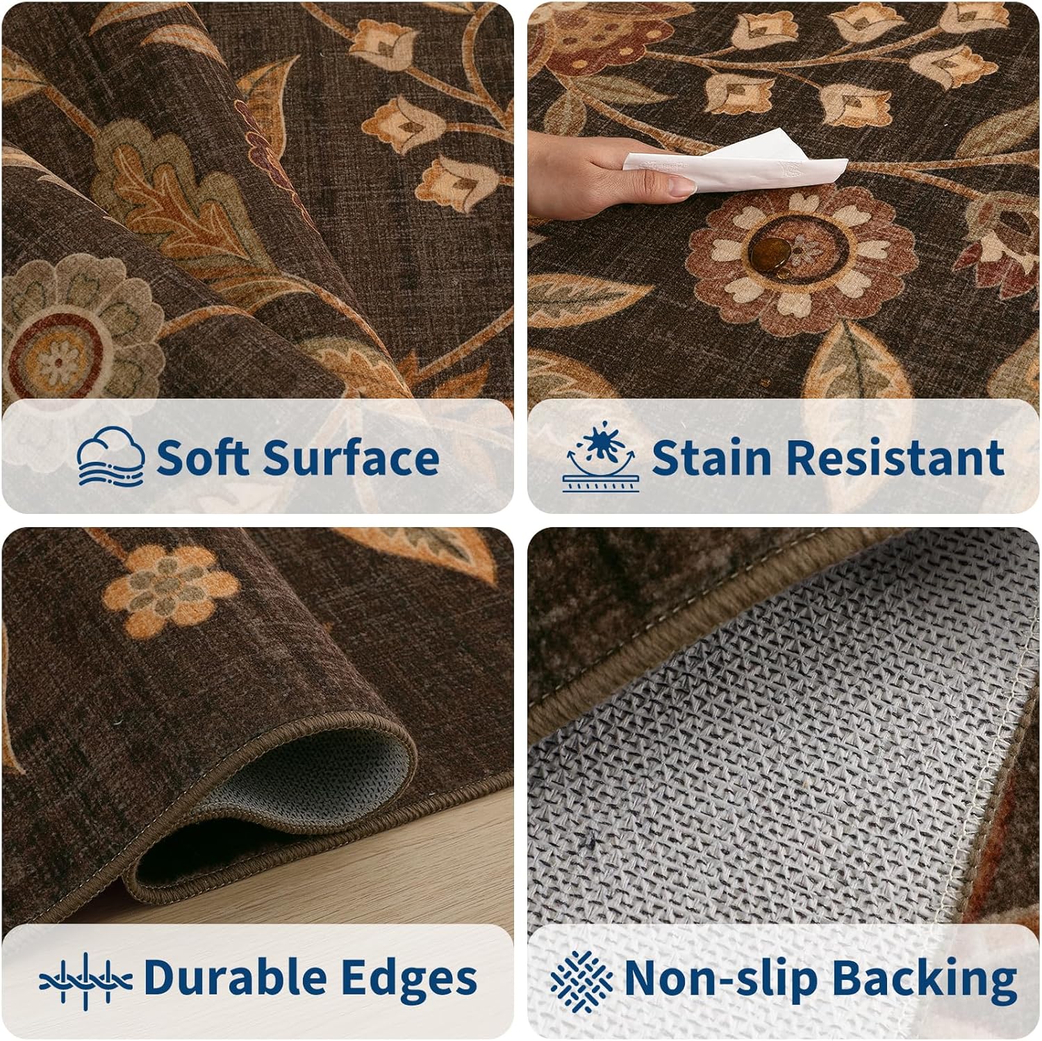 Garvee Washable 5x7 Area Rugs Boho Vintage Floral Botanical Fall Soft Non-Slip Low-Pile Stain Resistant Throw Rugs for Bedroom Living Room Nursery Office Kitchen Room Decor Dark Brown