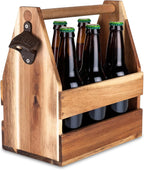 Foster & Rye Acacia Wood 6-pack Beer Carrier - Growler Bottle Caddy, Drink Holder, Liquor Bottle Organizer