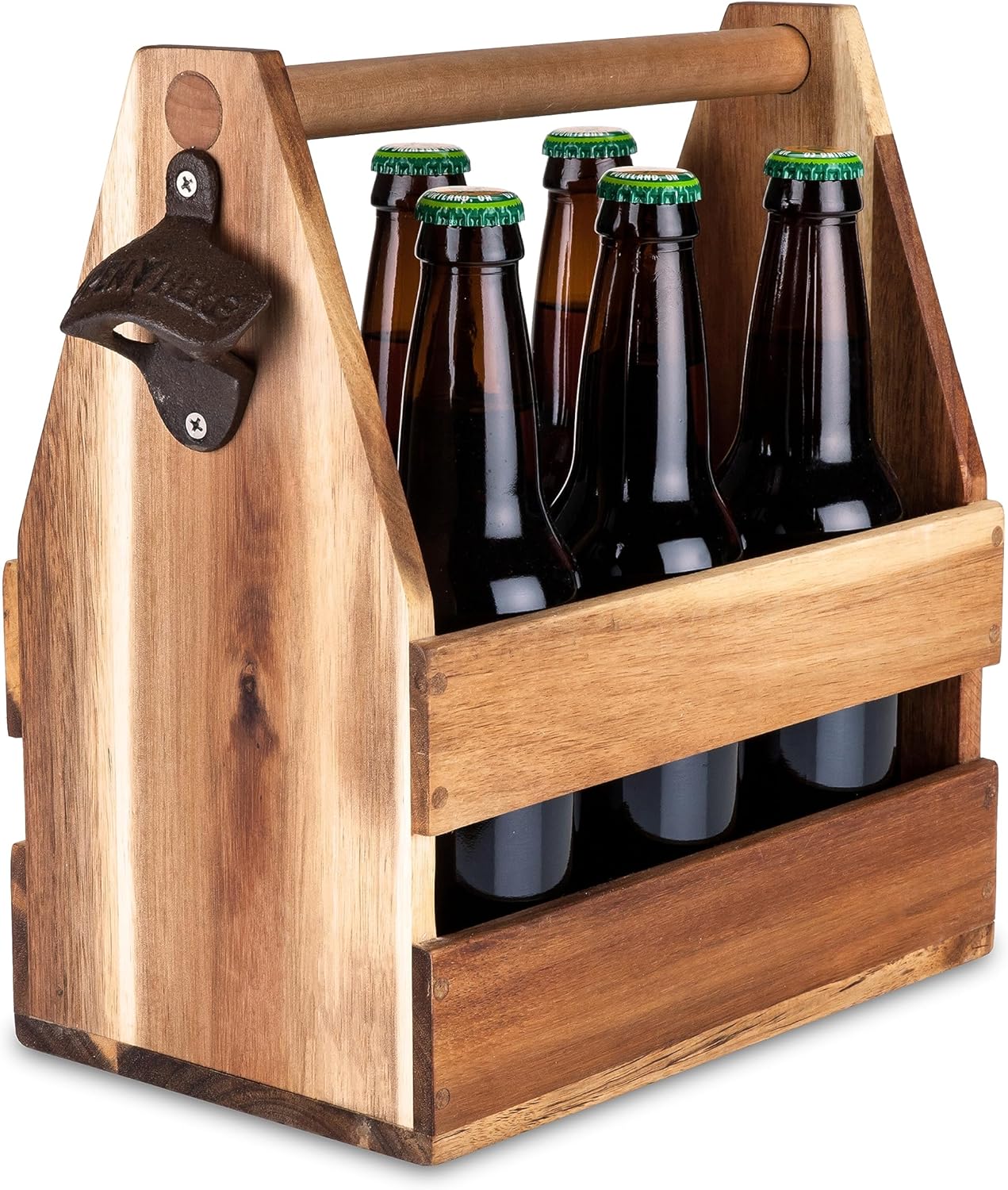 Foster & Rye Acacia Wood 6-pack Beer Carrier - Growler Bottle Caddy, Drink Holder, Liquor Bottle Organizer