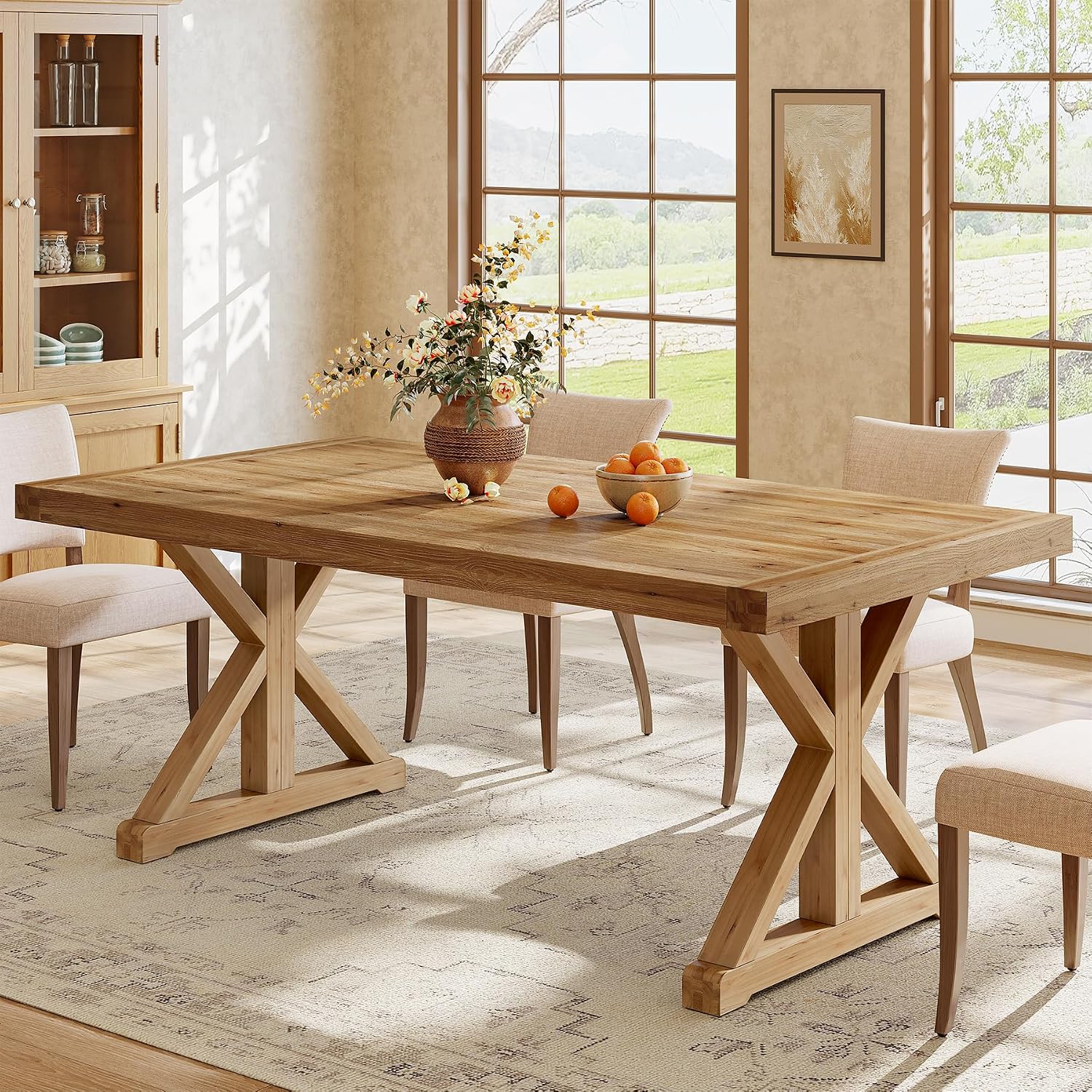 Solid Wood Dining Table for 4-6, 63-Inch Farmhouse Kitchen Table with Sturdy Legs, Wooden Rectangular Dinner Furniture for Kitchen, Dining Room, Light Brown