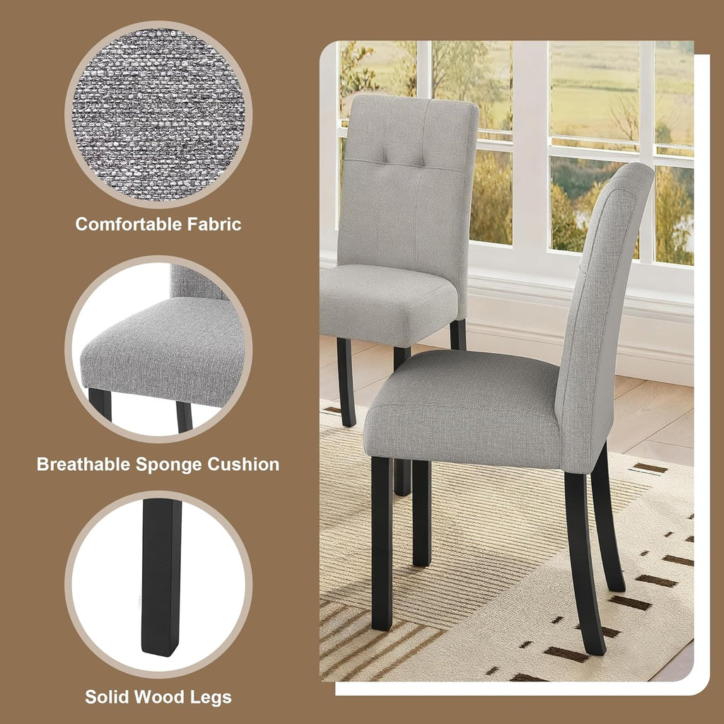 P PURLOVE Modern 6 Piece Dining Table Set, 63" Wood Faux Marble Dining Table with Geometric Legs, 4 Upholstered Chairs, 1 Bench for Dining Kitchen Room (White and Gray)