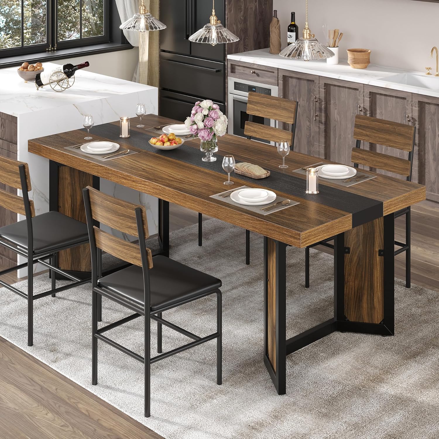 Industrial Dining Table for 6-8 People, 71" Large Long Wooden Kitchen Table with Sturdy Metal Frame & Brown Finish, Rustic Style Rectangular Dinner Table for Dining Room, Kitchen (Reddish Brown )