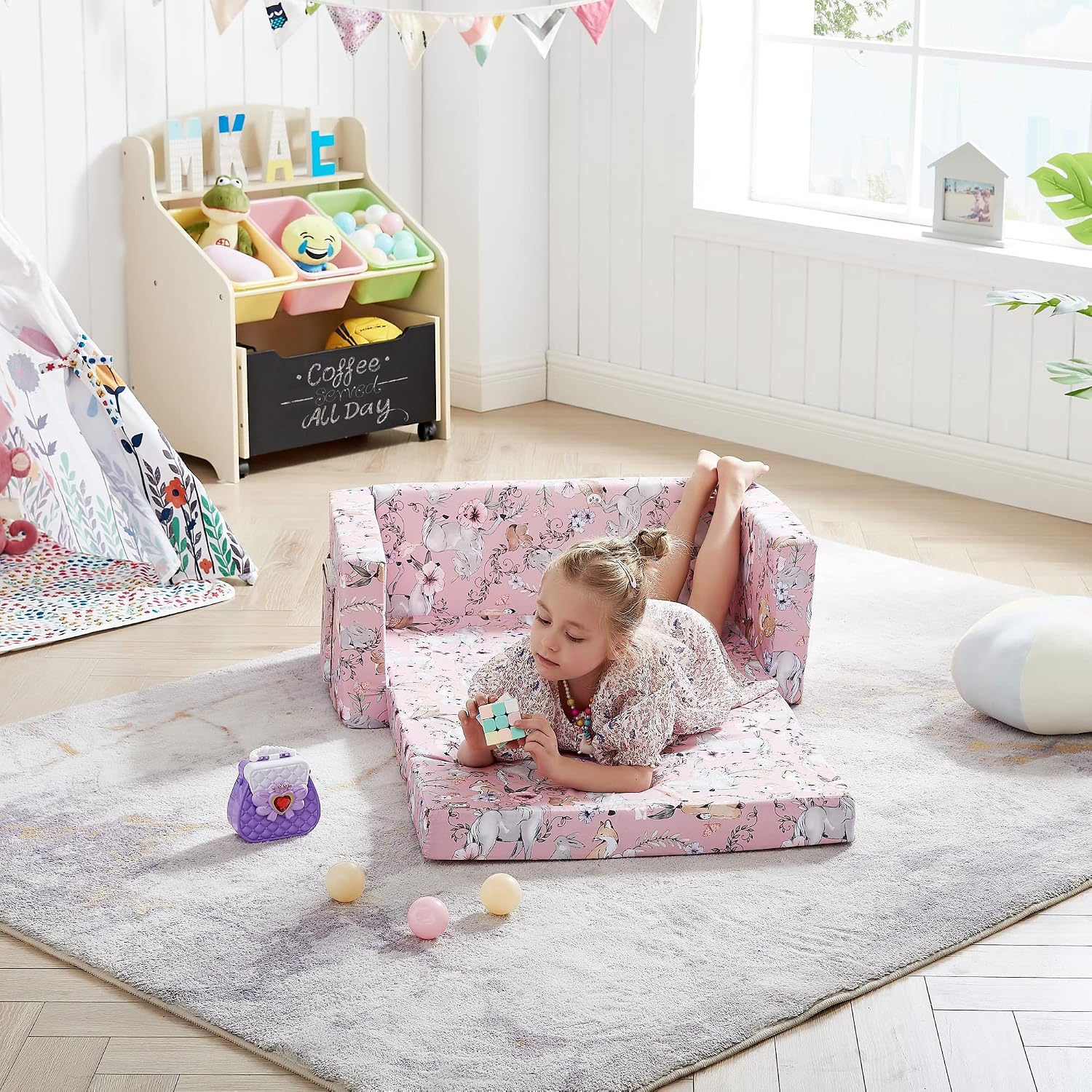 Ulax furniture Kids Convertible Sofas Children Flip-Out Sofa - 2-in-1 to Lounge Chair (Pink Unicorn)