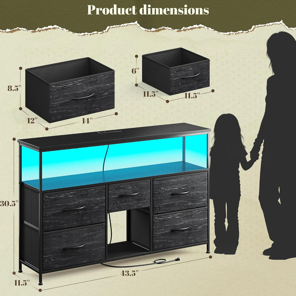 Romorgniz Black TV Stand for 45/50" TVs, 5 Deep Drawers&Led Lights&Outlets | Small Dresser For Bedroom&Studio,Strong Metal Frame For Stability,Spacious Shelves Display Collections&Keep Things Organized