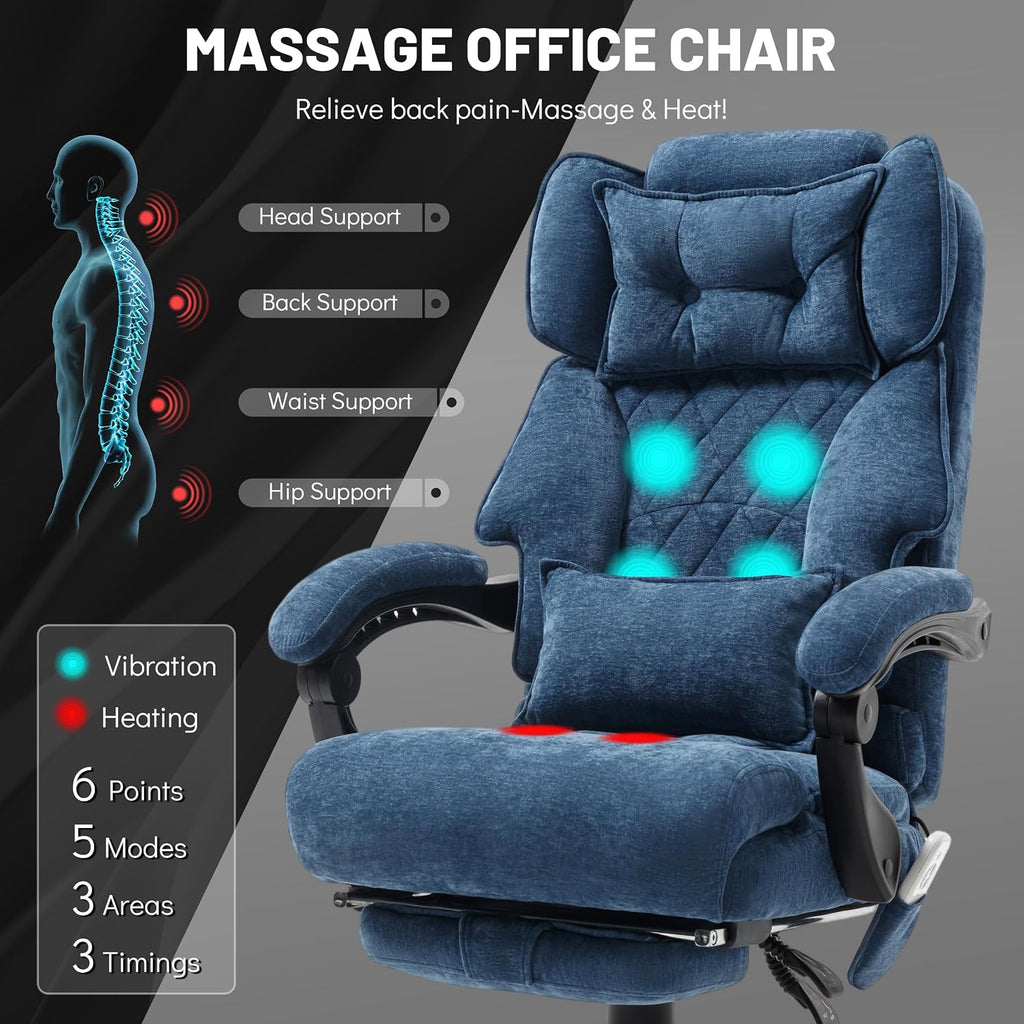 Massage Office Chair with Foot Rest,6 Points Vibration&Heat Executive Office Chairs,Big and Tall Fabric Office Chair 500LBS,Ergonomic Desk Chair for Heavy People,Home and Office Computer Chair,Blue