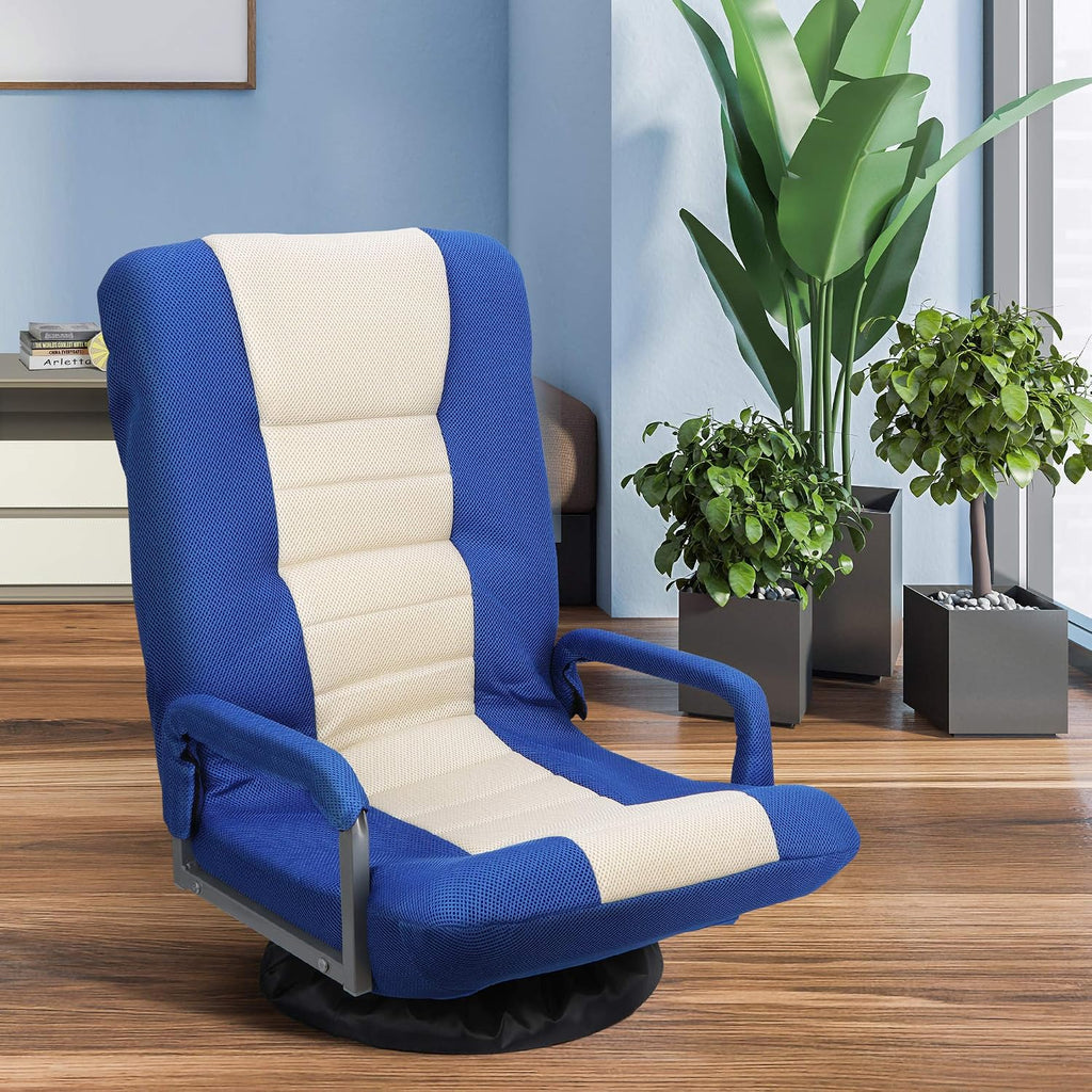 360 Degree Swivel Gaming Chair Foldable Floor Sofa Chair for TV Reading Playing Video Games with Lumbar Support, Armrest Handles, Adjustable Backrest, Blue & Beige
