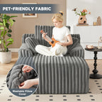 Mangodan 63" Oversized Chaise Lounge Chair Indoor, Boneless Couch Chair with 3 Pillows, Comfy Reading Chair with Wide Arms, No Assembly Required Corduroy Couch, Sleeper Sofa for Living Room, Gray