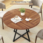 KOTEK 47 Inches Round Dining Table for 4, Farmhouse Kitchen Table with Storage Shelf, X-Shaped Metal Base, Adjustable Foot Pads, Circle Dinner Table for Dining Room, Living Room
