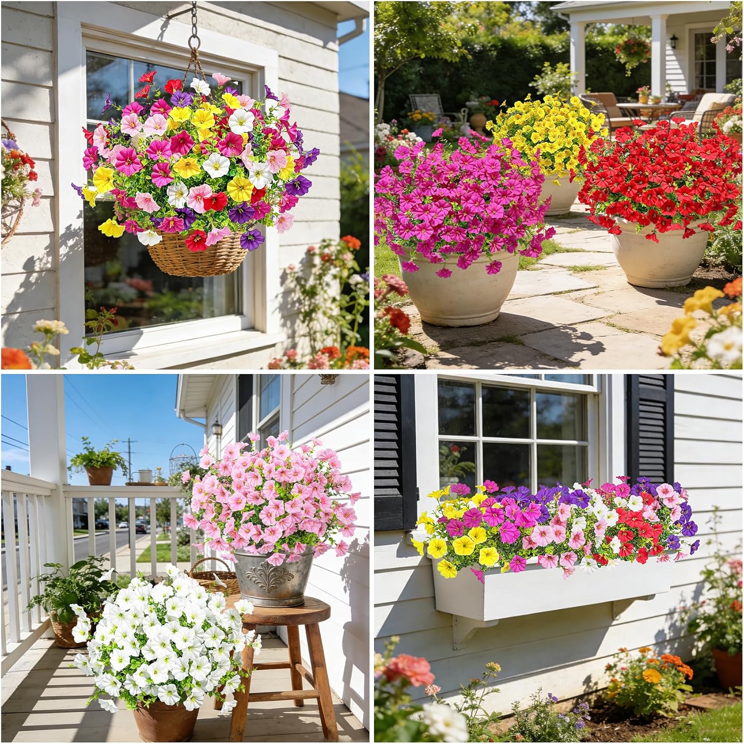 Ouddy Decor 24 Bundles Artificial Flowers for Outdoors, Fake Petunias Flowers Silk Morning Glory with Eucalyptus Faux Plants for Indoor Outside Spring Summer Yard Garden Porch Home Decor, Multicolor