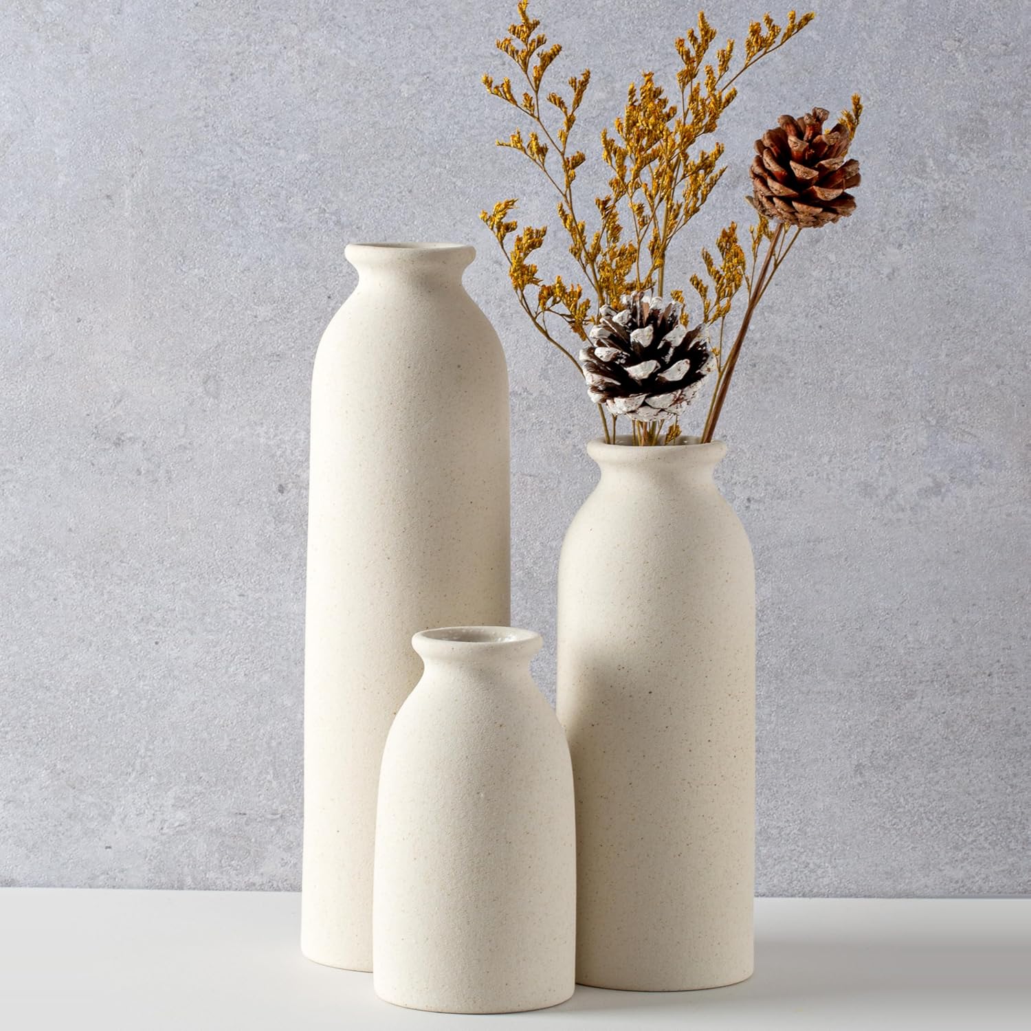 CEMABT Beige Ceramic vase Set-3 Flower vases for Decor,Modern Boho Farmhouse Home Decor,Decorative vase for Pampas Grass&Dried Flowers,idea Shelf,Table,Bookshelf