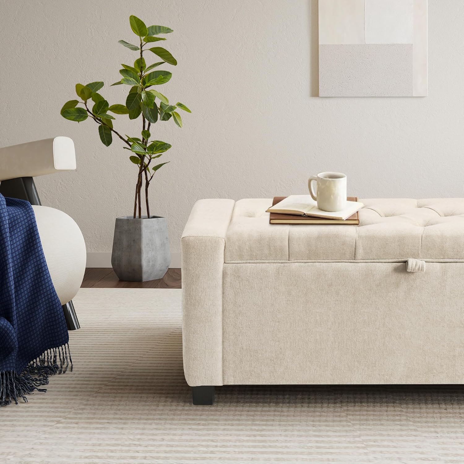 GRAINELL 42.13” Storage Ottoman Bench, Upholstered Tufted Bedroom Bench with Storage, End of Bed Storage Bench for Living Room & Entryway, 350 lb Capacity, Linen Beige
