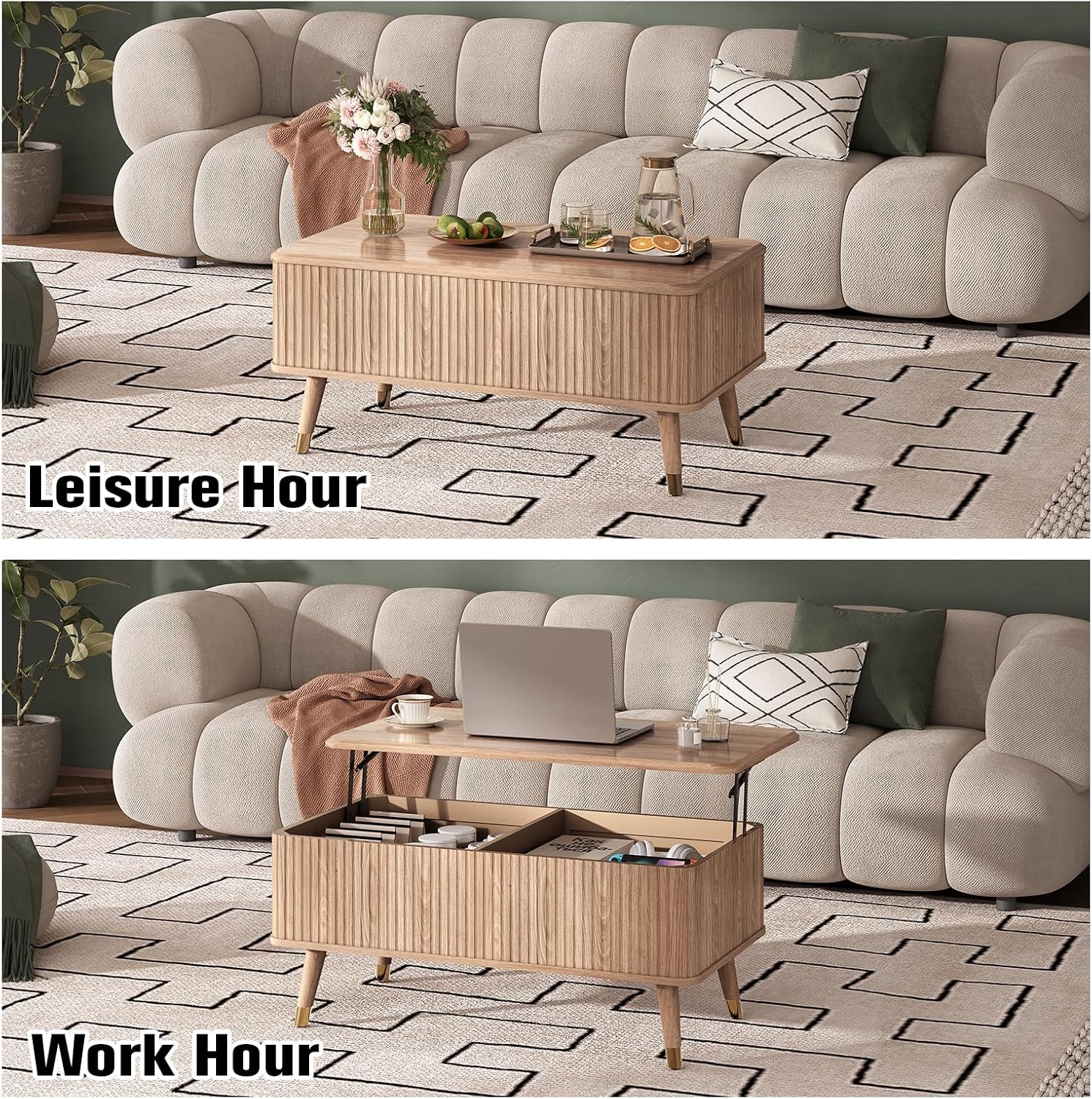 Lift Top Coffee Table with Storage, Mid Century Modern Coffee Table with Solid Wood Legs, 38" Minimalist Fluted Center Table for Living Room, Home Office, Natural Oak