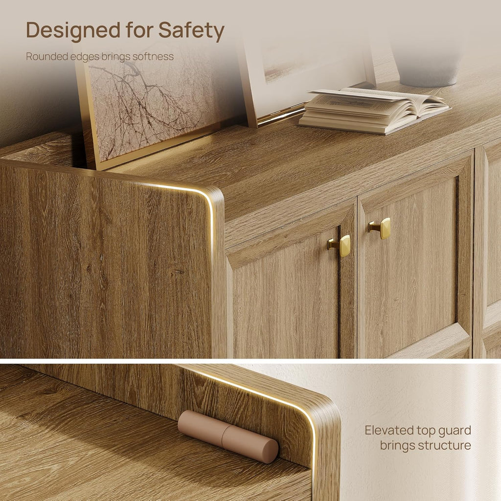 SICOTAS 4-Door Buffet Cabinet, 61.7" Wide Extra Long Sideboard with 2 Separate Bays & Adjustable Shelves, Modern Credenza Storage Cabinet with Gold Handles for Kitchen Living Room, Brown Oak, 1 PCS