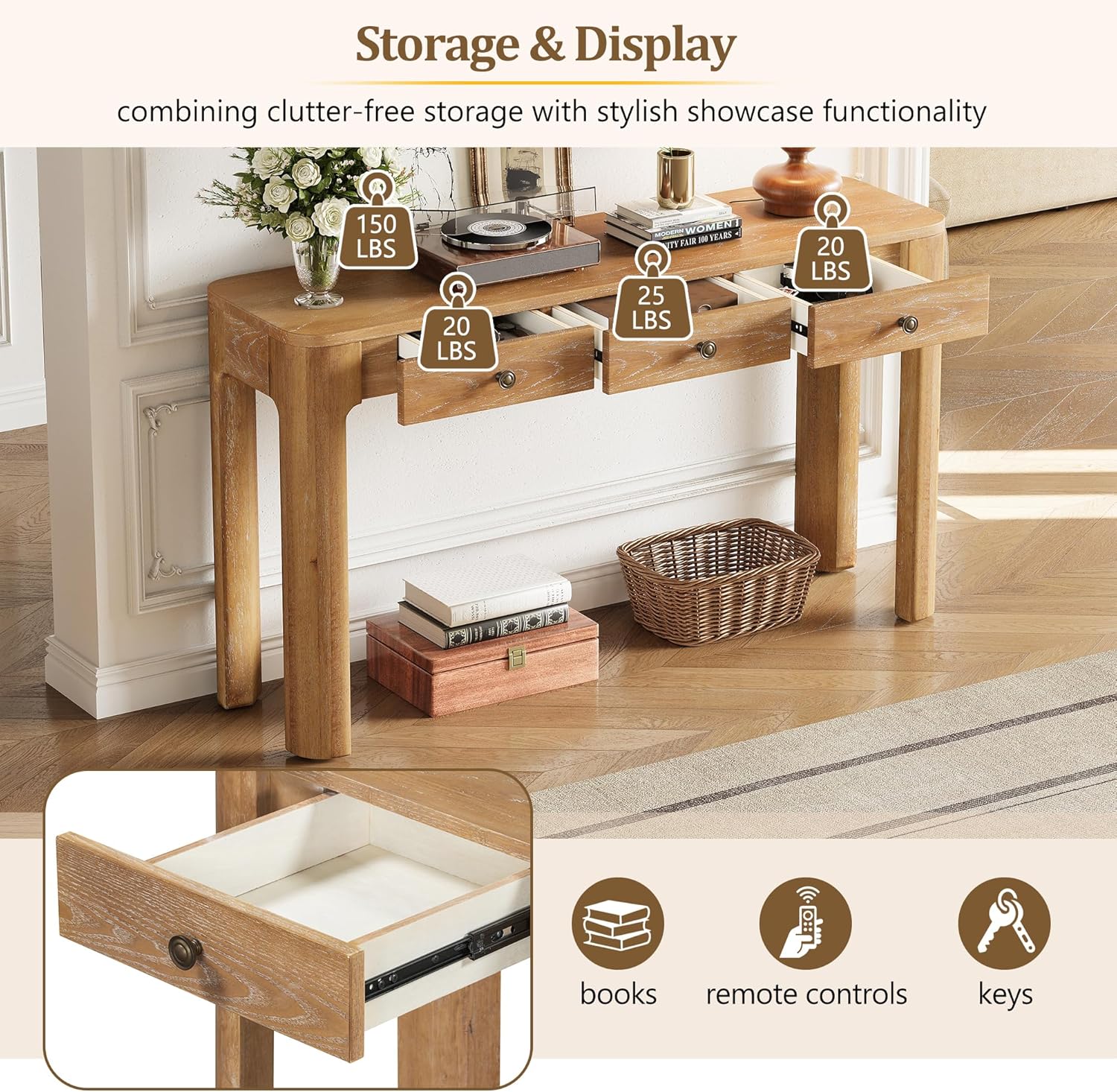 LKTART Solid Wood Entryway Table with 3 Drawers,Farmhouse Console Table Sofa Table with Curved Corners for Hallway,Foyer,Living Room (52" Natural)