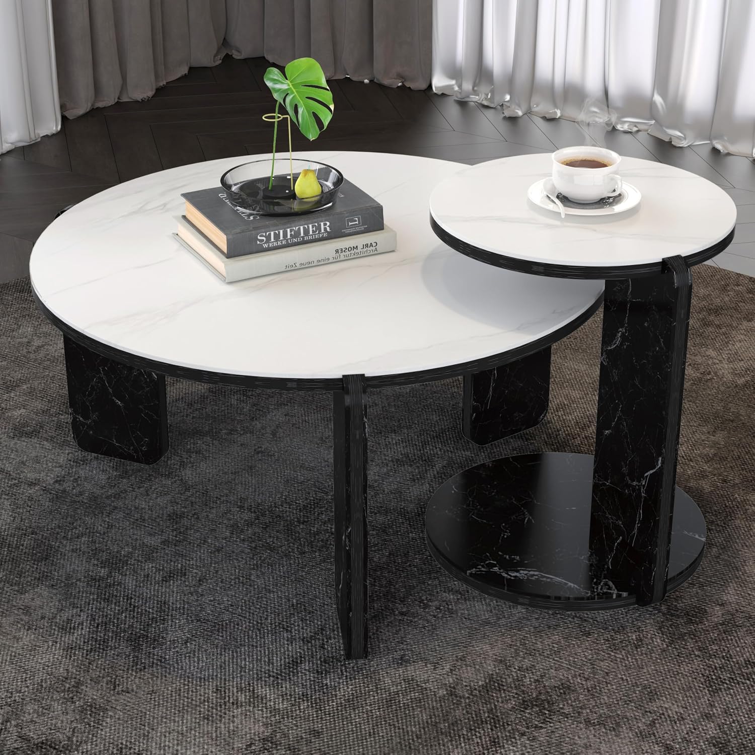 Set of 2 Round Nesting Coffee Table for Small Place, living room end table with white sintered stone top, 32.68" + 16.93" diameter Side Table Night Stand for Bed Room Dining Room, 83+ 43 cm sofa table