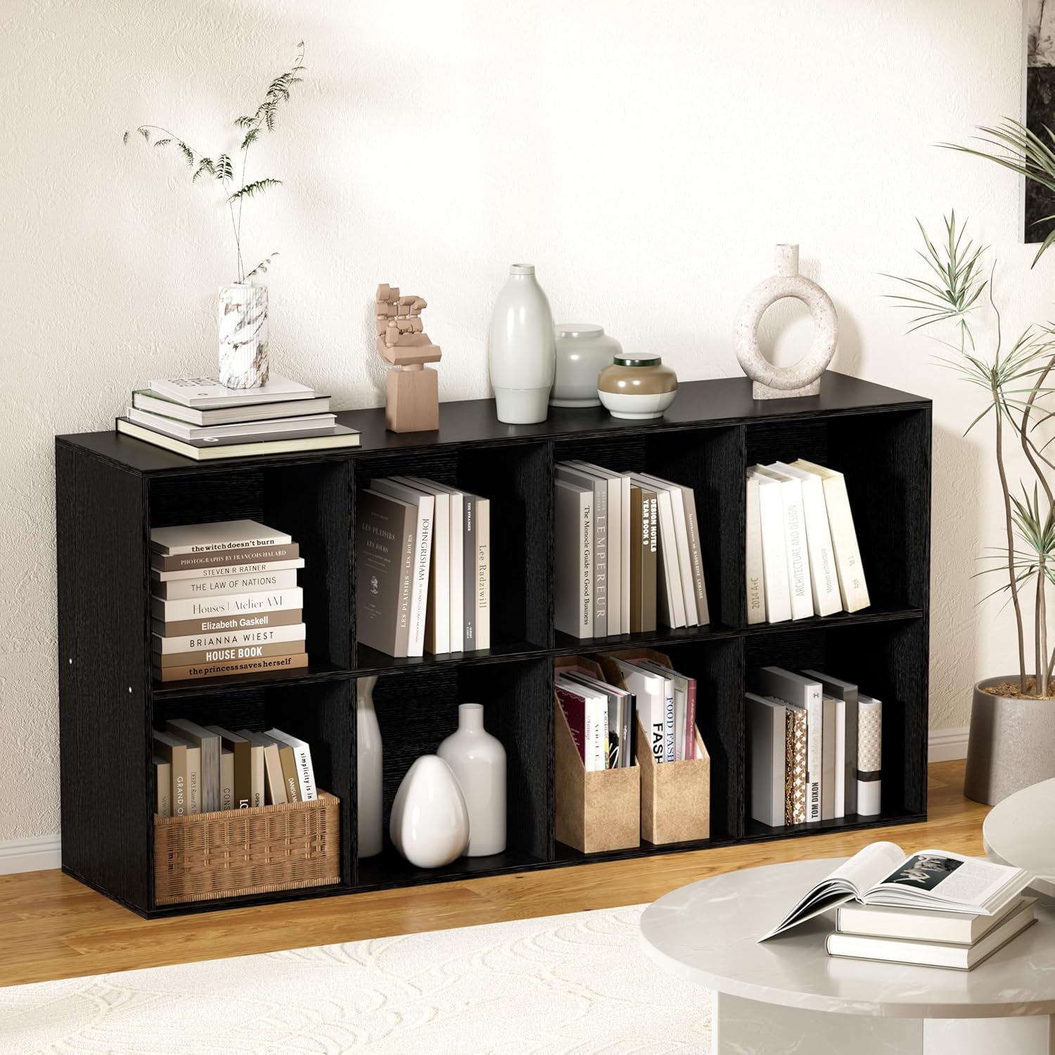 8 Cube Storage Organizer, 11 in Black Cube Shelf, Wood Cubby Storage Organizer with Back Panel & Open Compartments, Vertical or Horizontal Cube Bookshelf Bookcase for Living Room, Bedroom, Entryway