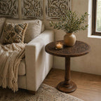 TUP THE URBAN PORT Ari 22 Inch Side End Table, Round Top, Hand Carved Indian Mandala Boho Accent, Brown Mango Wood