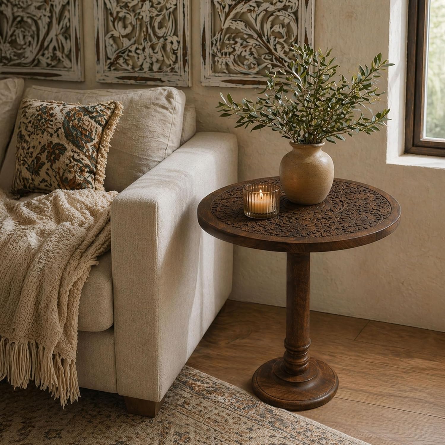TUP THE URBAN PORT Ari 22 Inch Side End Table, Round Top, Hand Carved Indian Mandala Boho Accent, Brown Mango Wood