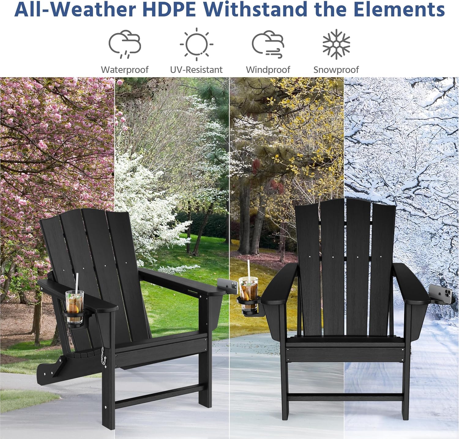 Yaheetech Folding Adirondack Chair Outdoor, HDPE Plastic Adirondack Chair with Cup/Mobile Phone Holder for Deck, Patio, Pool, Backyard, Weather Resistant, Wooden Texture, Easy Assembly Black