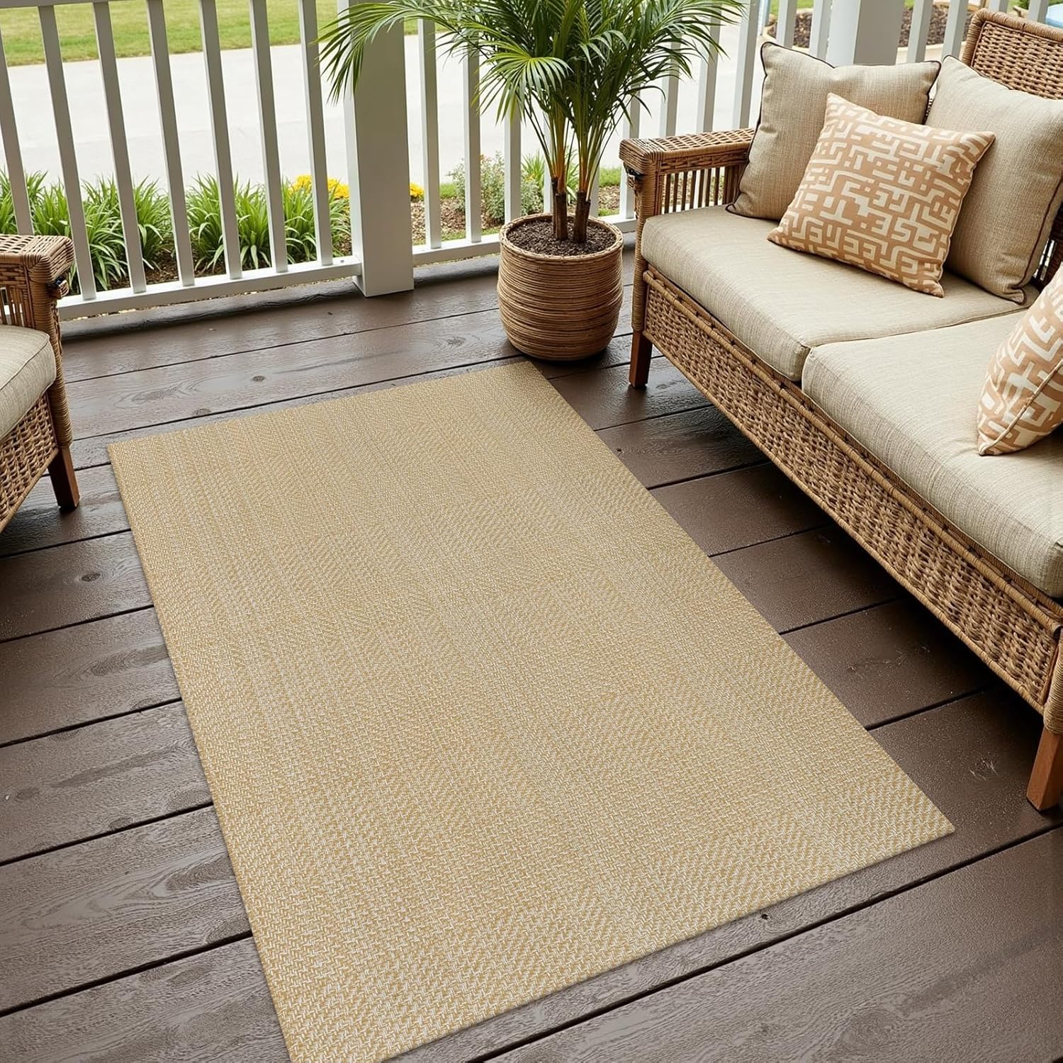 Rugalia Washable Woven Entryway Rug 3x5, Khaki Cotton Indoor Outdoor Doormat Low Plie Non-Slip Kitchen Mat, Modern Natural Floor Carpet for Porch Living Room Bedroom Patio