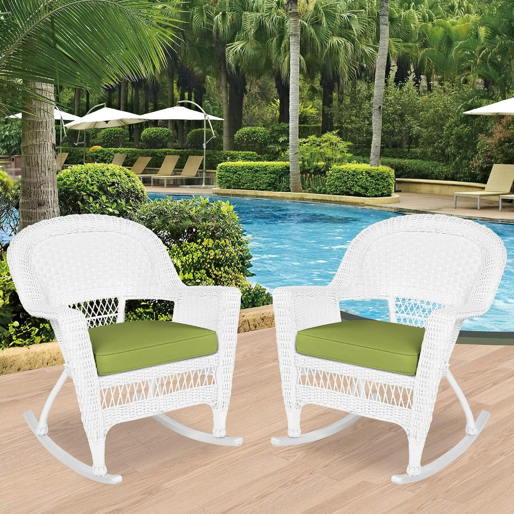 Jeco Rocker Wicker Chair with Green Cushion, Set of 2, White