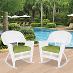 Jeco Rocker Wicker Chair with Green Cushion, Set of 2, White