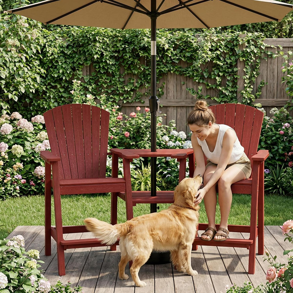 PLUUV Tall Adirondack Chairs Set of 2 with Double Connecting Trays, All Weather HDPE Bar Height Outdoor Chairs, Outdoor Adirondack Barstools with Umbrella Hole for Balcony, Patio, Backyard, Reddish