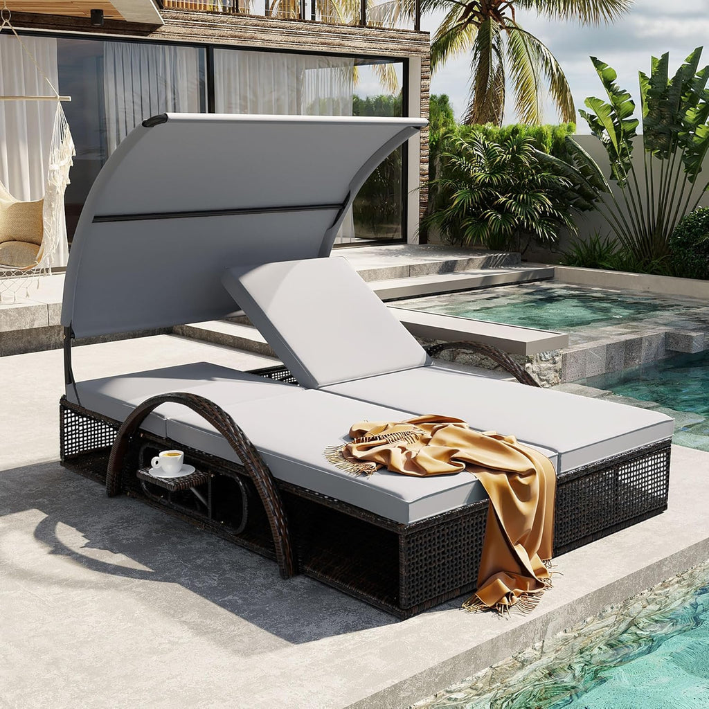Outdoor Sun Lounger with Adjustable Backrest,Canopy, Patio Double Sunbed with Hidden Side Table and Arched Armrests,Suitable for Pool Deck,Garden,Backyard (Gray+Canopy)