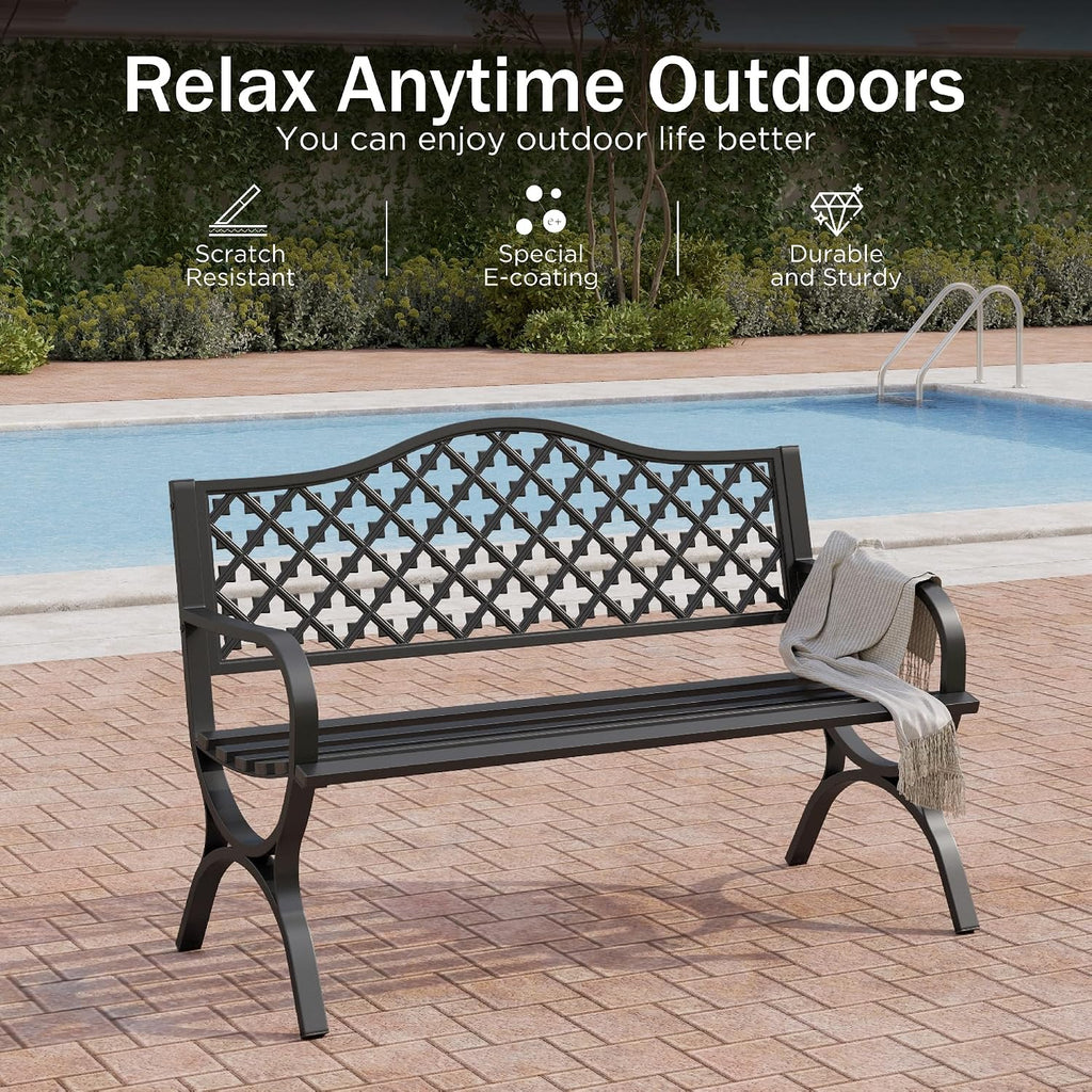 PHI VILLA Black Outdoor Garden Bench for Outdoors with Cast Iron Backrest and Sturdy Steel Frame 2-3 Seater Patio Bench for Porch Park and Yard