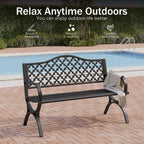 PHI VILLA Black Outdoor Garden Bench for Outdoors with Cast Iron Backrest and Sturdy Steel Frame 2-3 Seater Patio Bench for Porch Park and Yard