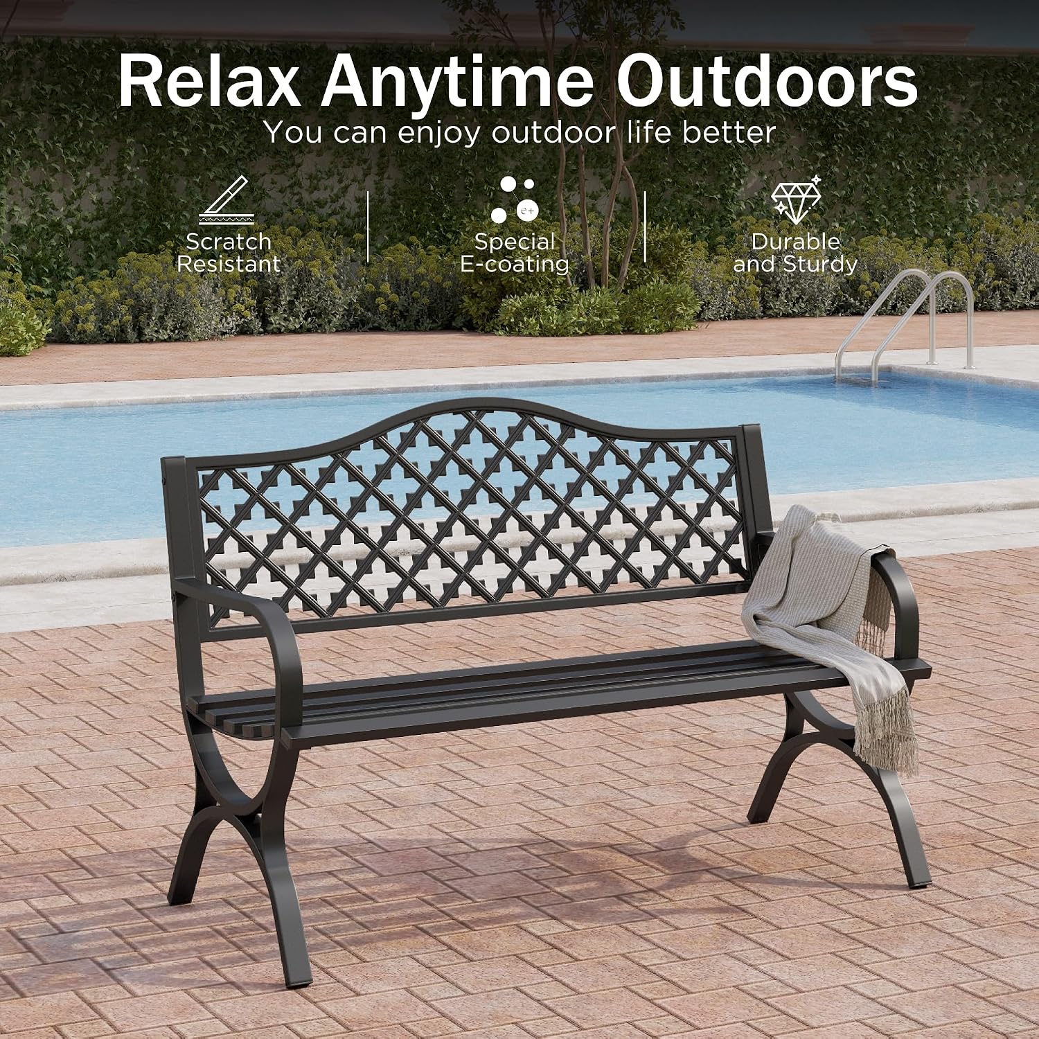 PHI VILLA Black Outdoor Garden Bench for Outdoors with Cast Iron Backrest and Sturdy Steel Frame 2-3 Seater Patio Bench for Porch Park and Yard