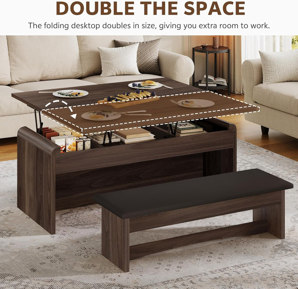 Lift Top Coffee Table 4-in-1, 40 Inches Coffee Table Set with Bench & Hidden Compartment, Multi-Function Converts to Dining Table for Living Room, Home Office, Lifting Top Tables, Walnut