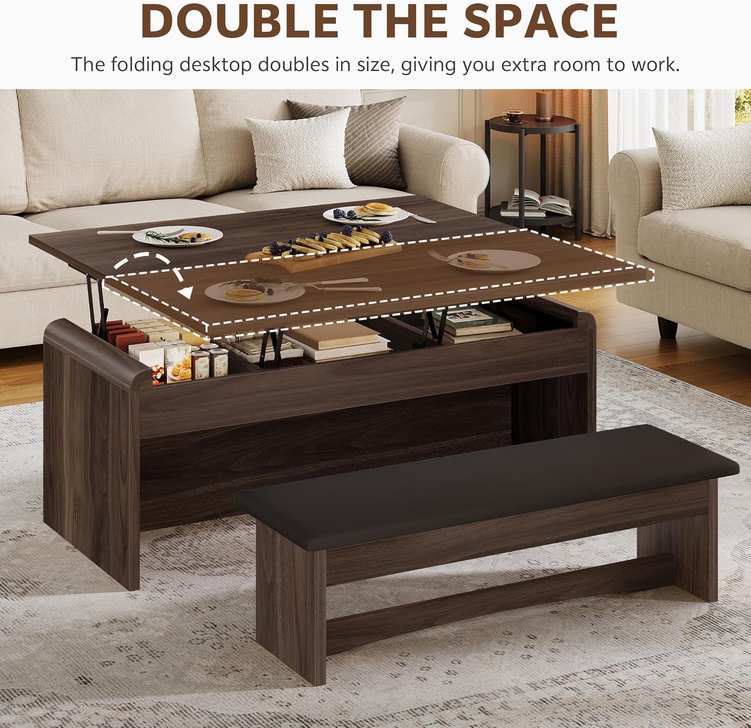 Lift Top Coffee Table 4-in-1, 40 Inches Coffee Table Set with Bench & Hidden Compartment, Multi-Function Converts to Dining Table for Living Room, Home Office, Lifting Top Tables, Walnut