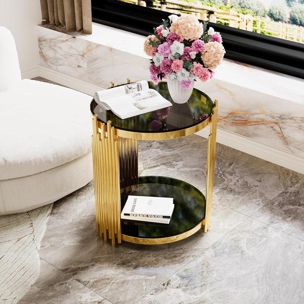 19.8" Round End Table with Gold Finish & Lower Shelf, Modern Black Mirror End Table with Asymmetrical Metal Frame for Living Room (Black,1)