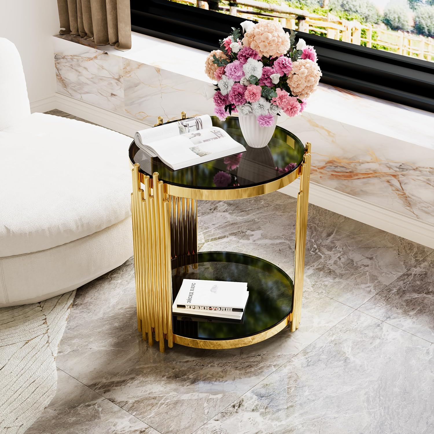 19.8" Round End Table with Gold Finish & Lower Shelf, Modern Black Mirror End Table with Asymmetrical Metal Frame for Living Room (Black,1)