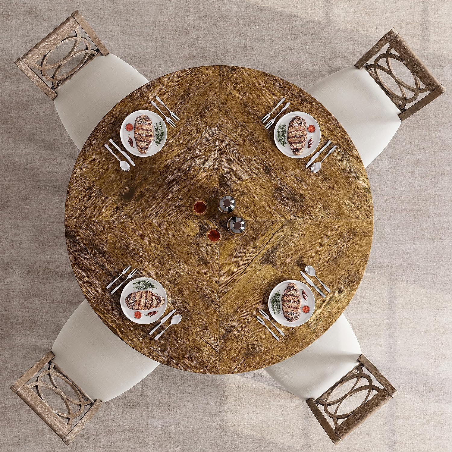 Industrial Round Dining Table, 47 Inch Round Kitchen Table for 4, Rustic Brown Dinner Table with Wooden Top and Metal Base for Dining Room, Living Room - (No Chairs)